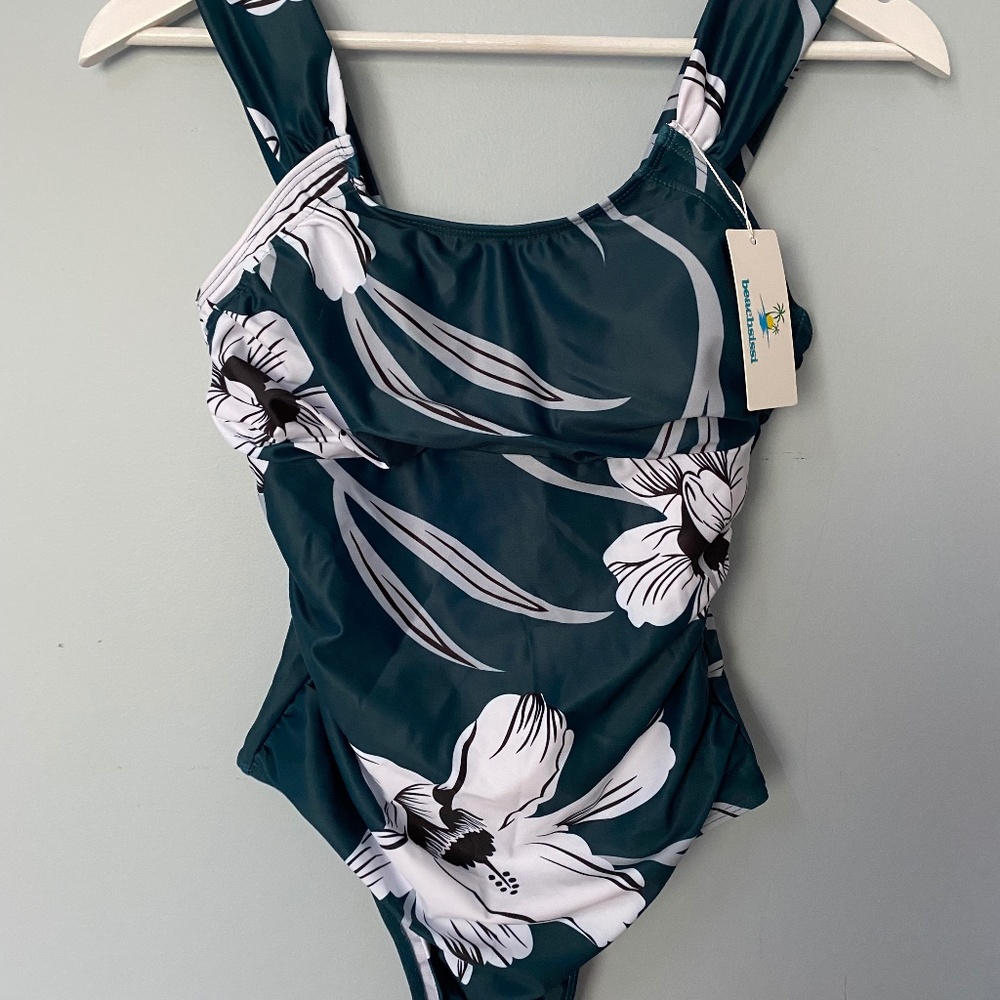 Lovely Floral Ruched Green One Piece Swim Suit